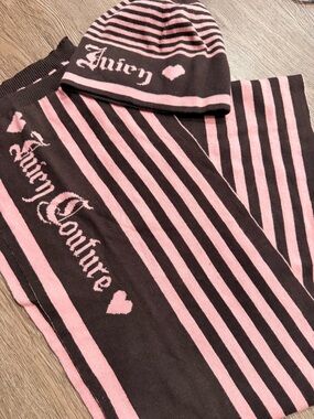 Juicy Couture Pink and Brown Striped Beanie & Scarf Set